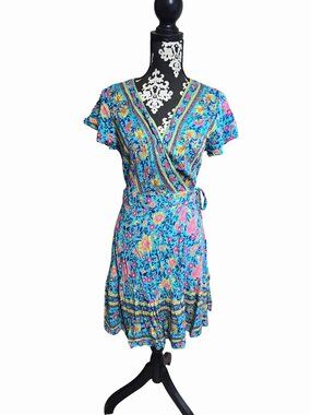 Zesica Wrap Dress Floral Print Short Sleeve Boho Summer S Blue Feminine Gypsy